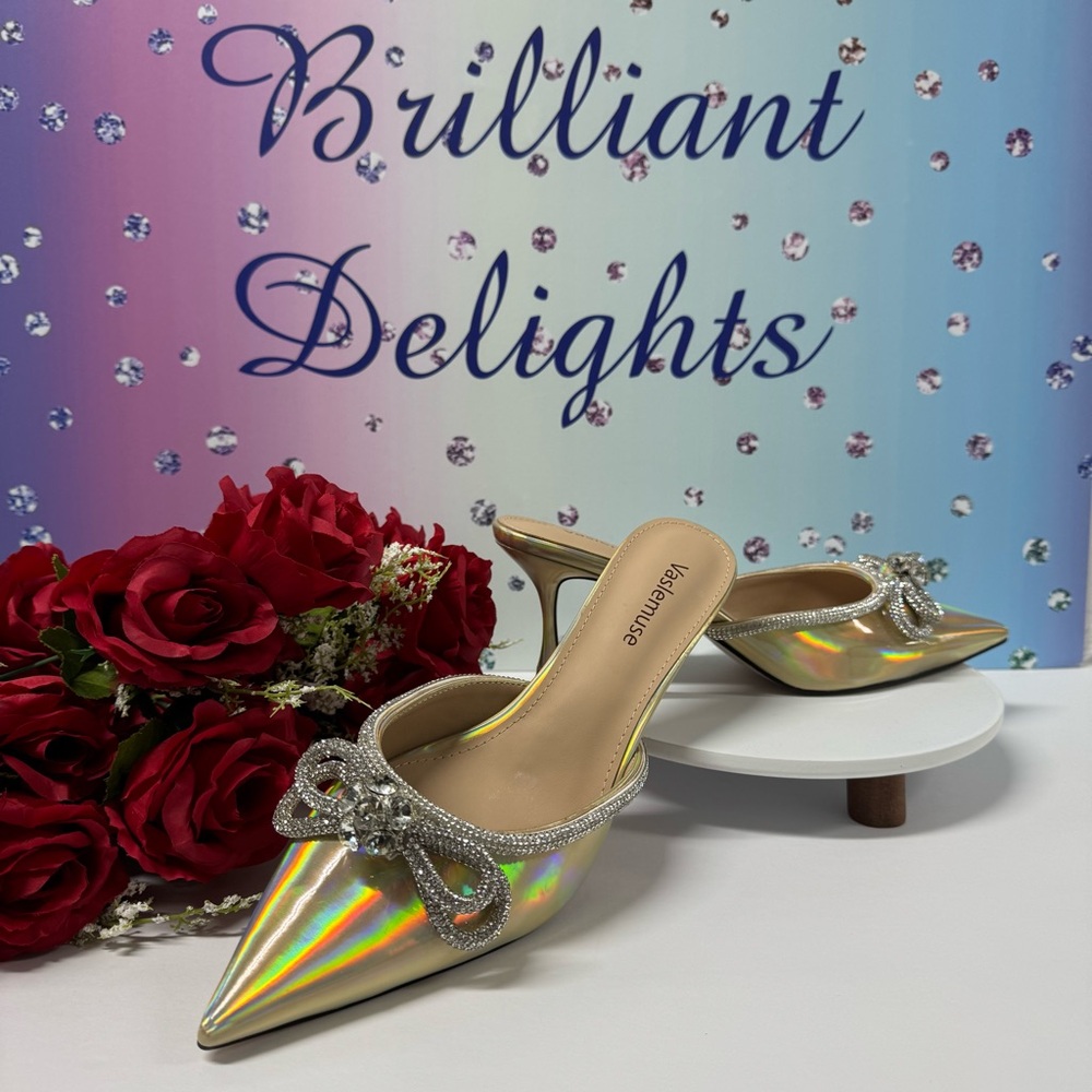 🔥SALE CRYSTAL DOUBLE BOW IRIDESCENT MULE HEELS